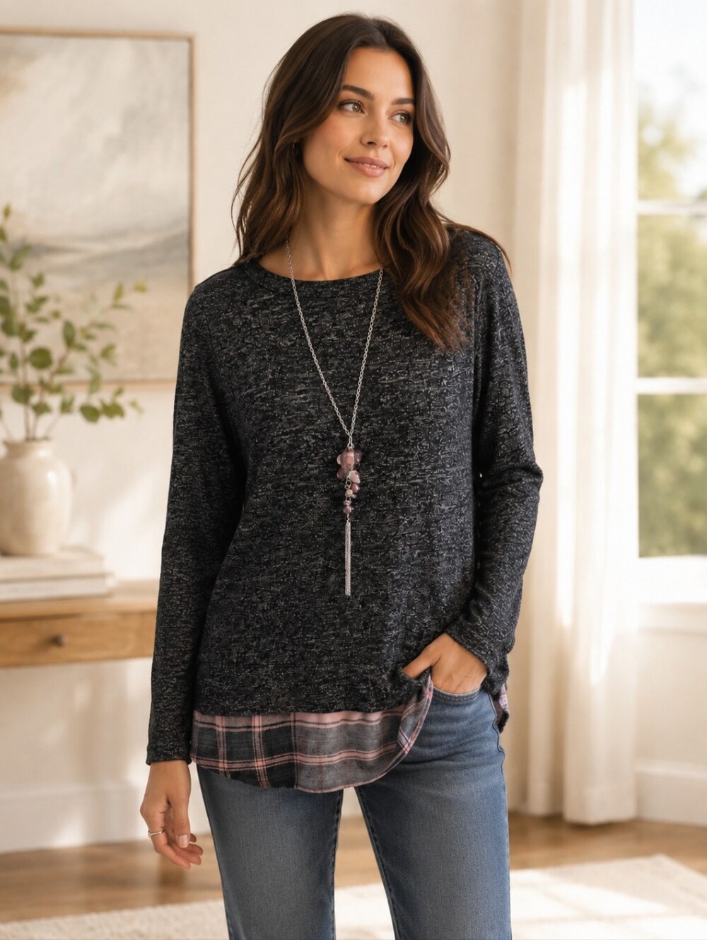 Maurices Dark Gray Knit Top with Plaid Layered Hem